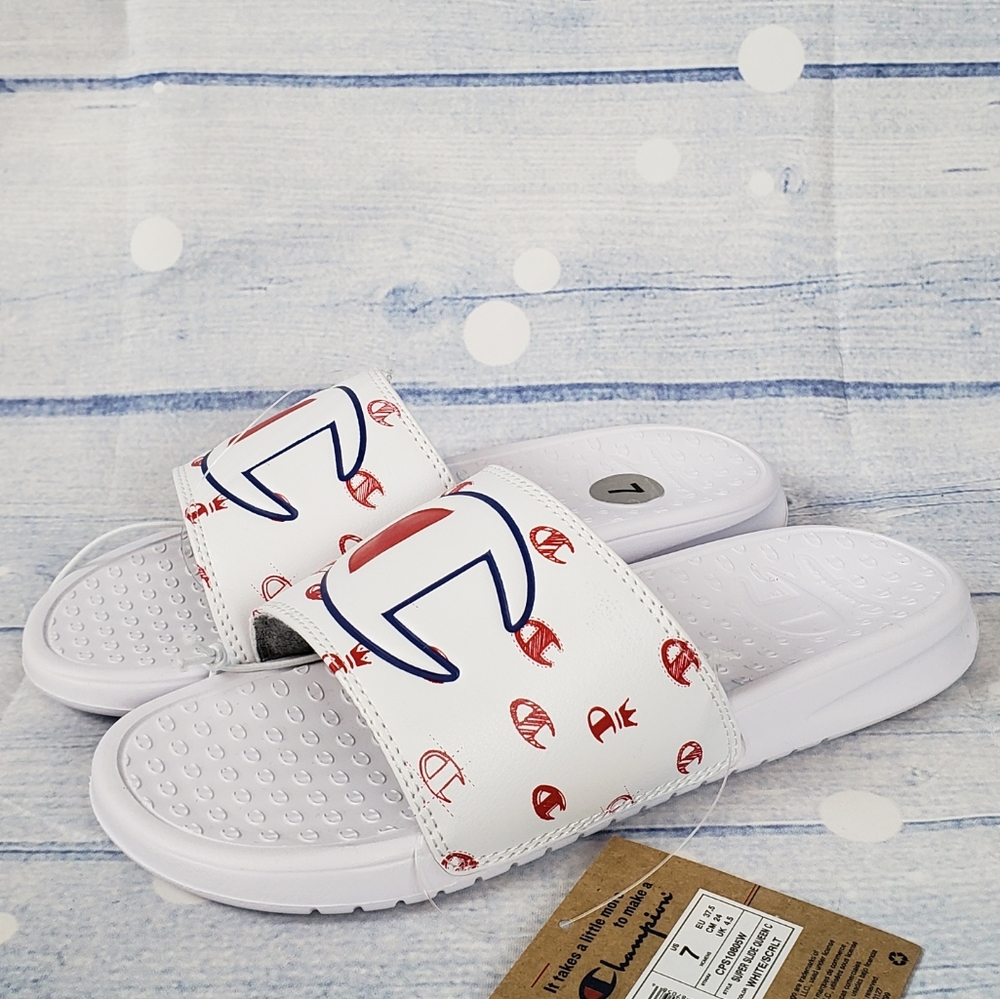 New Champion women's slides Sz. 7 White & Red, Super slide Qeen C